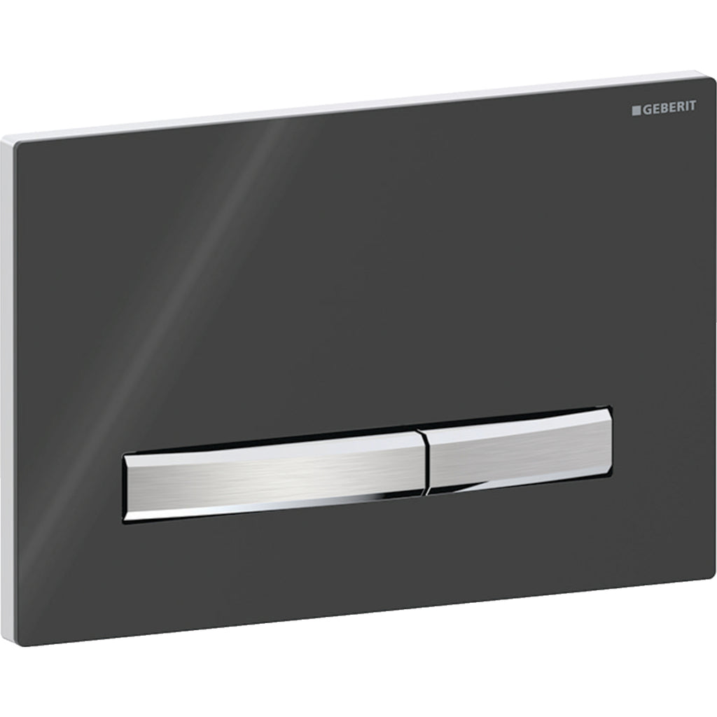 Geberit Sigma50 actuator plate, square, dual flush, metal colour chrome-plated — Base plate: chrome / glossy, Cover plate: black / glossy, Button: chrome / brushed, easy-to-clean coated — Product photo