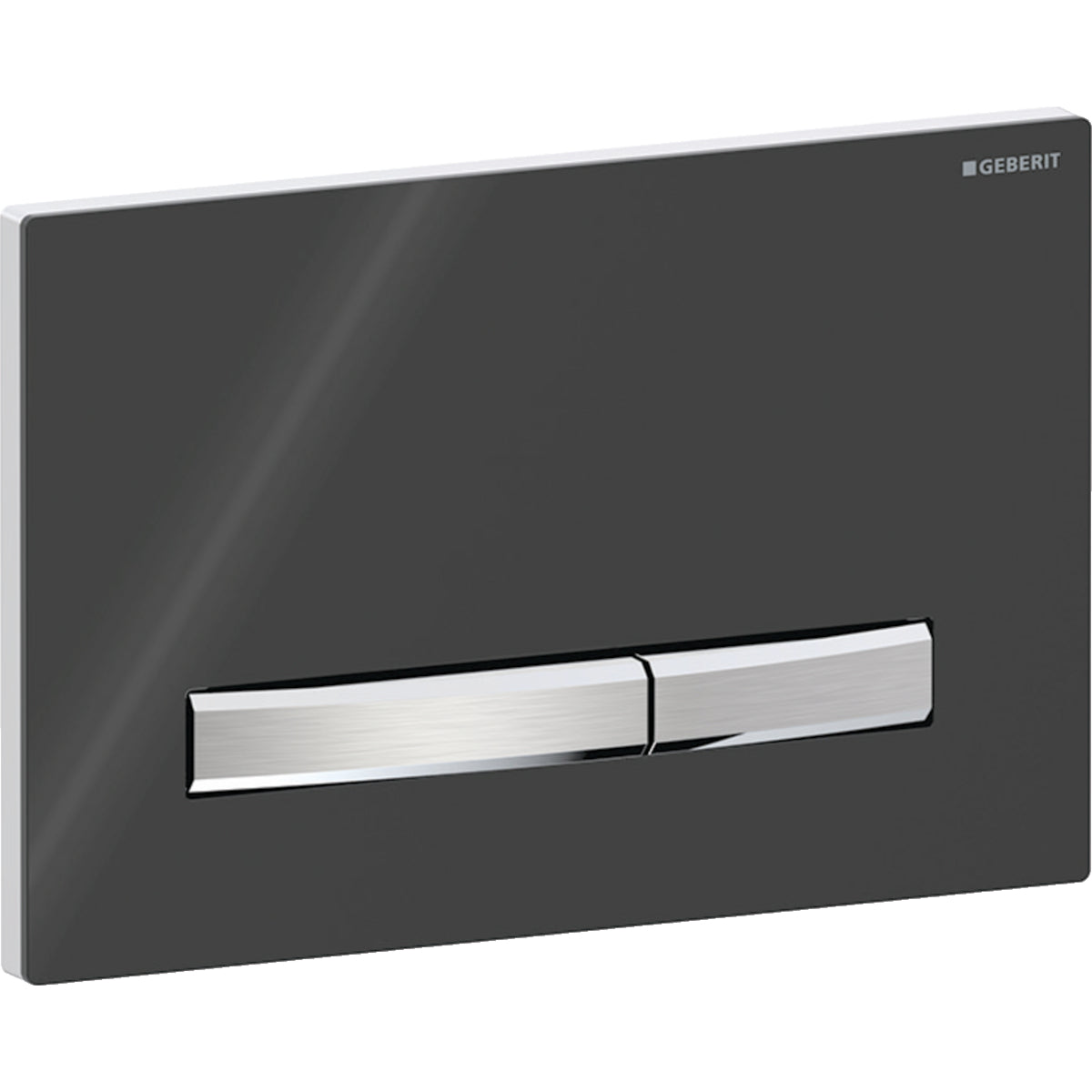 Geberit Sigma50 actuator plate, square, dual flush, metal colour chrome-plated — Base plate: chrome / glossy, Cover plate: black / glossy, Button: chrome / brushed, easy-to-clean coated — Product photo
