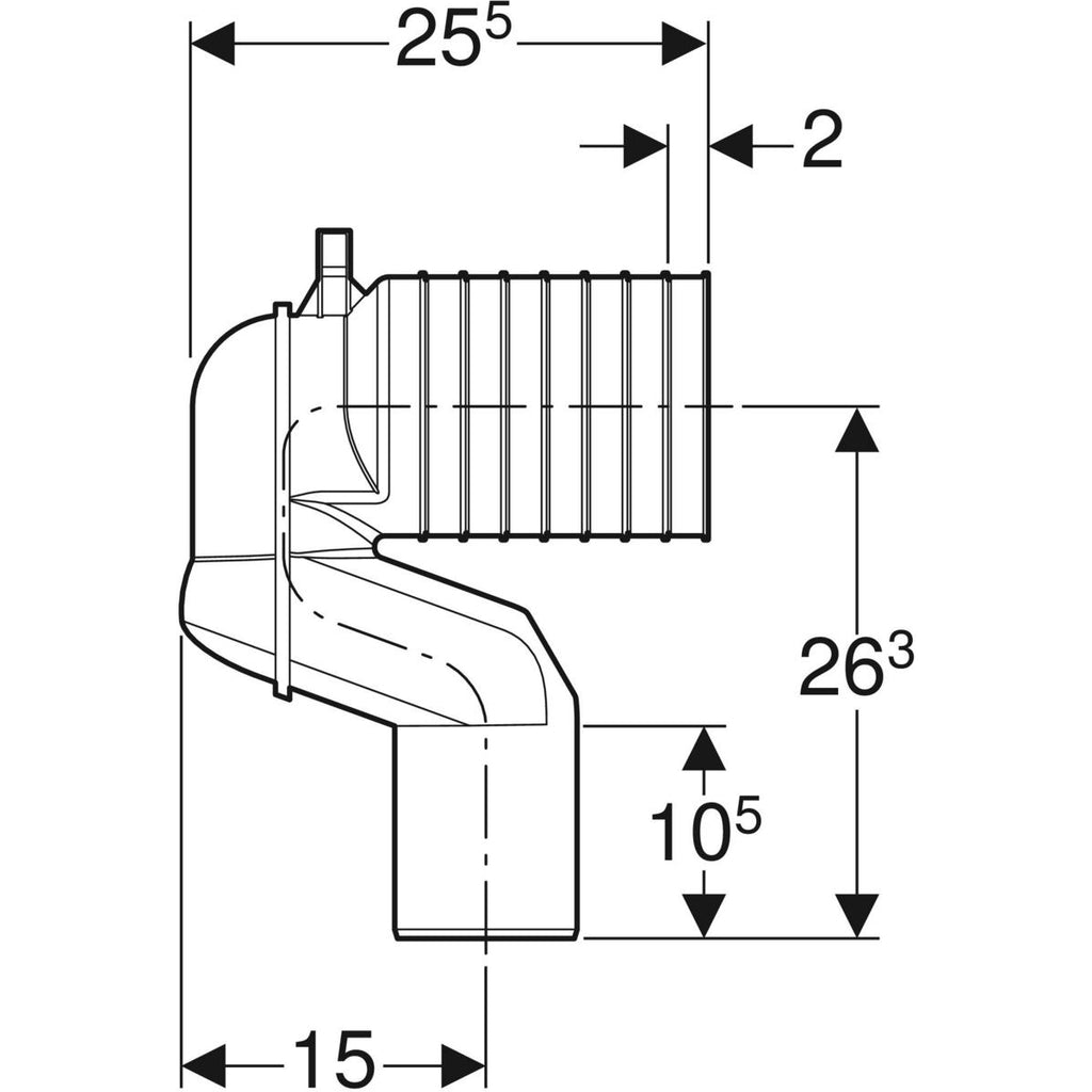 Geberit P-bend set for floor-standing WC — L=22.5cm, d=90mm, white alpine — Technical drawing