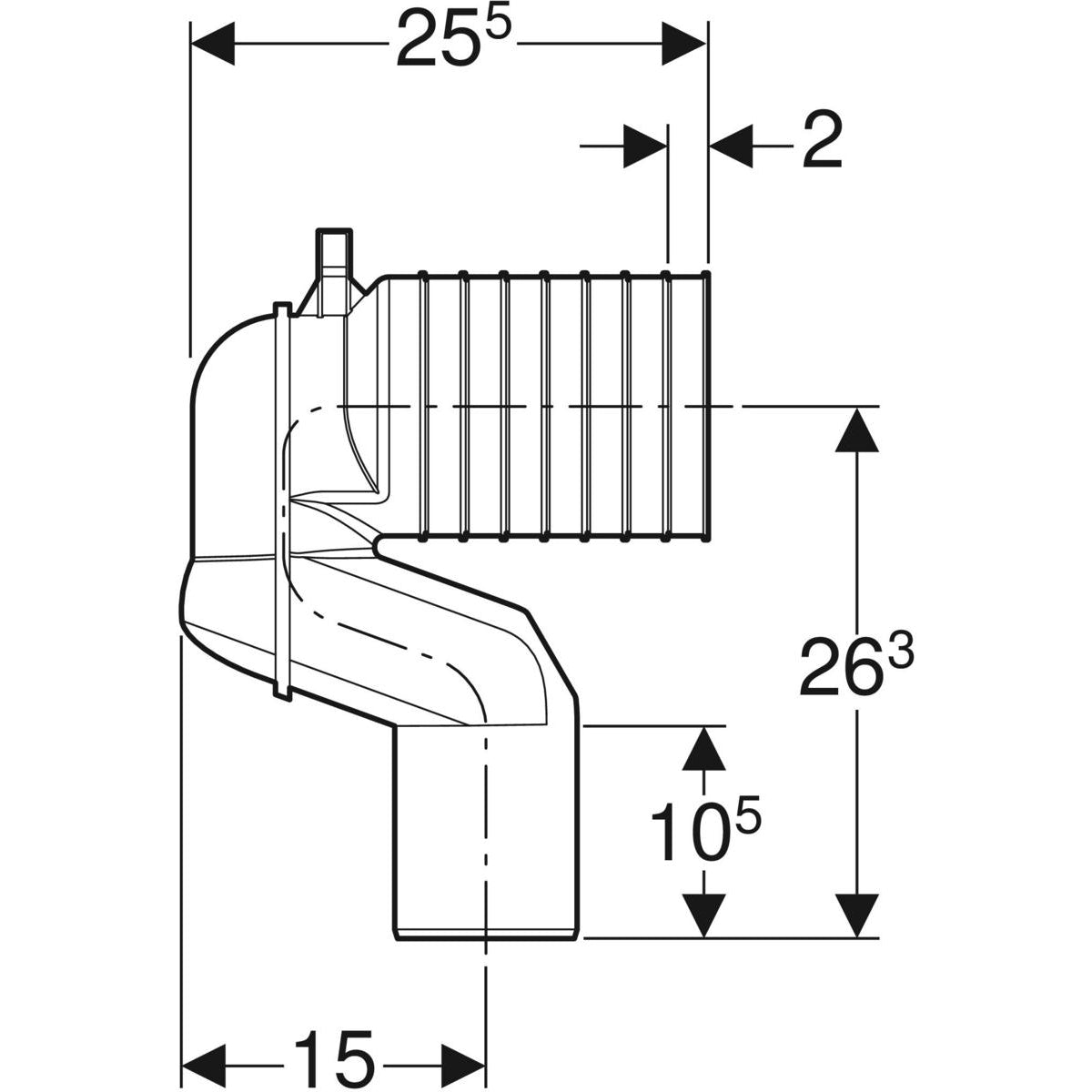 Geberit P-bend set for floor-standing WC — L=22.5cm, d=90mm, white alpine — Technical drawing