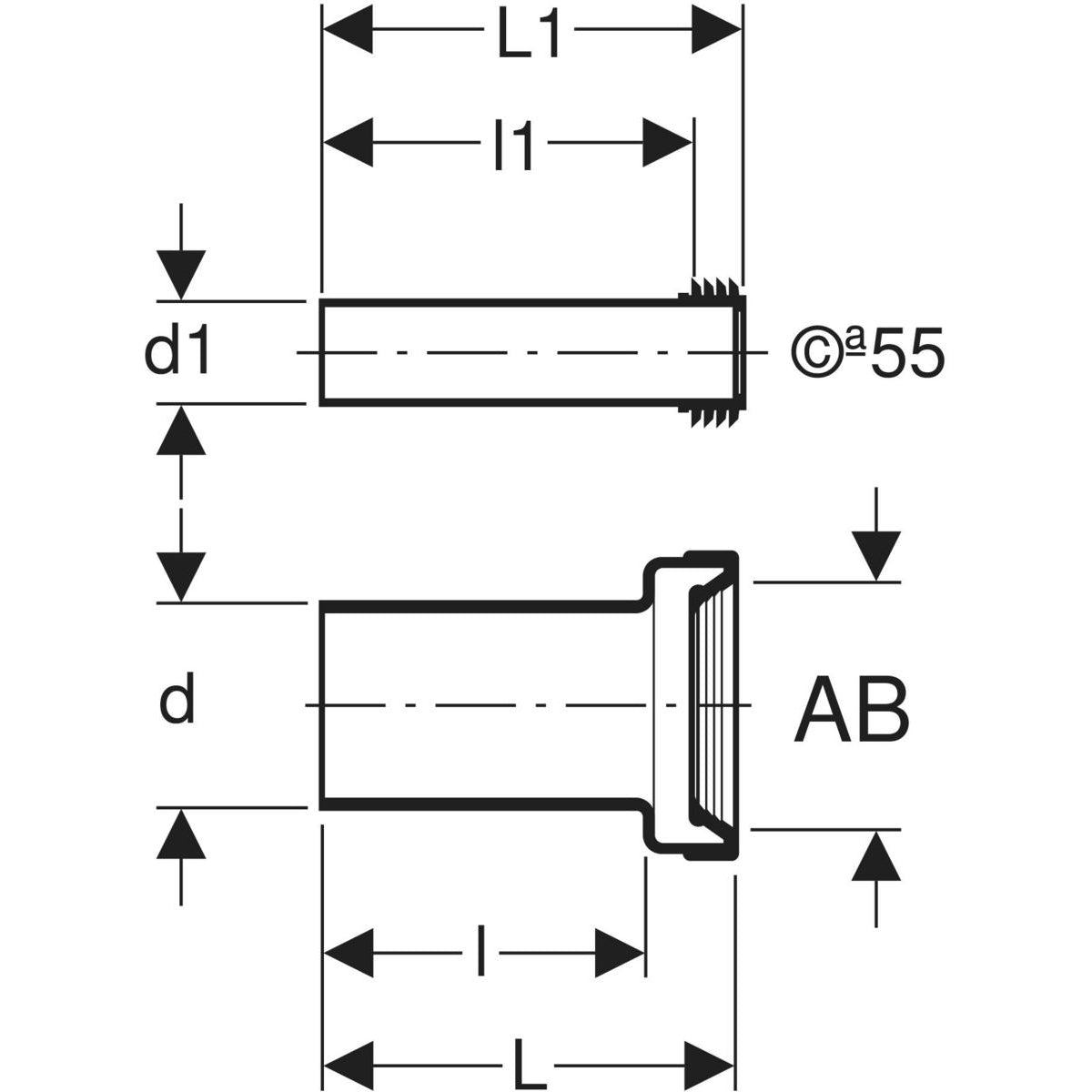 Geberit connection set for wall-hung WC, length 18.5 cm, with lip seal — d=90mm, d1=45mm, chrome / matt — Technical drawing