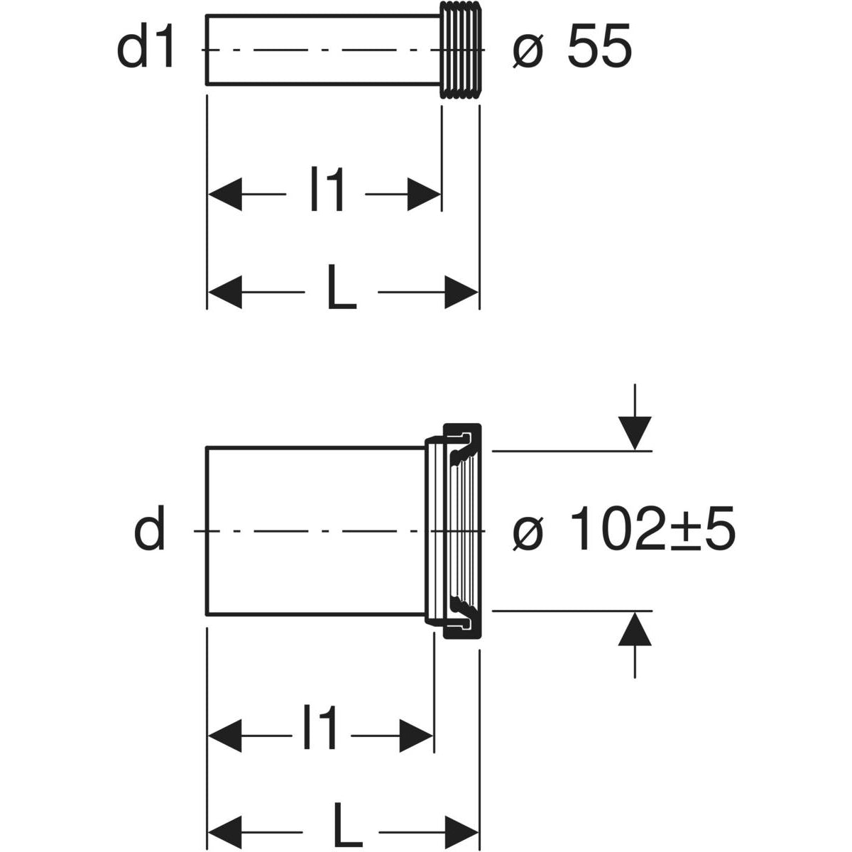 Geberit connection set for wall-hung WC, length 30 cm — d=110mm, d1=45mm, chrome / matt — Technical drawing