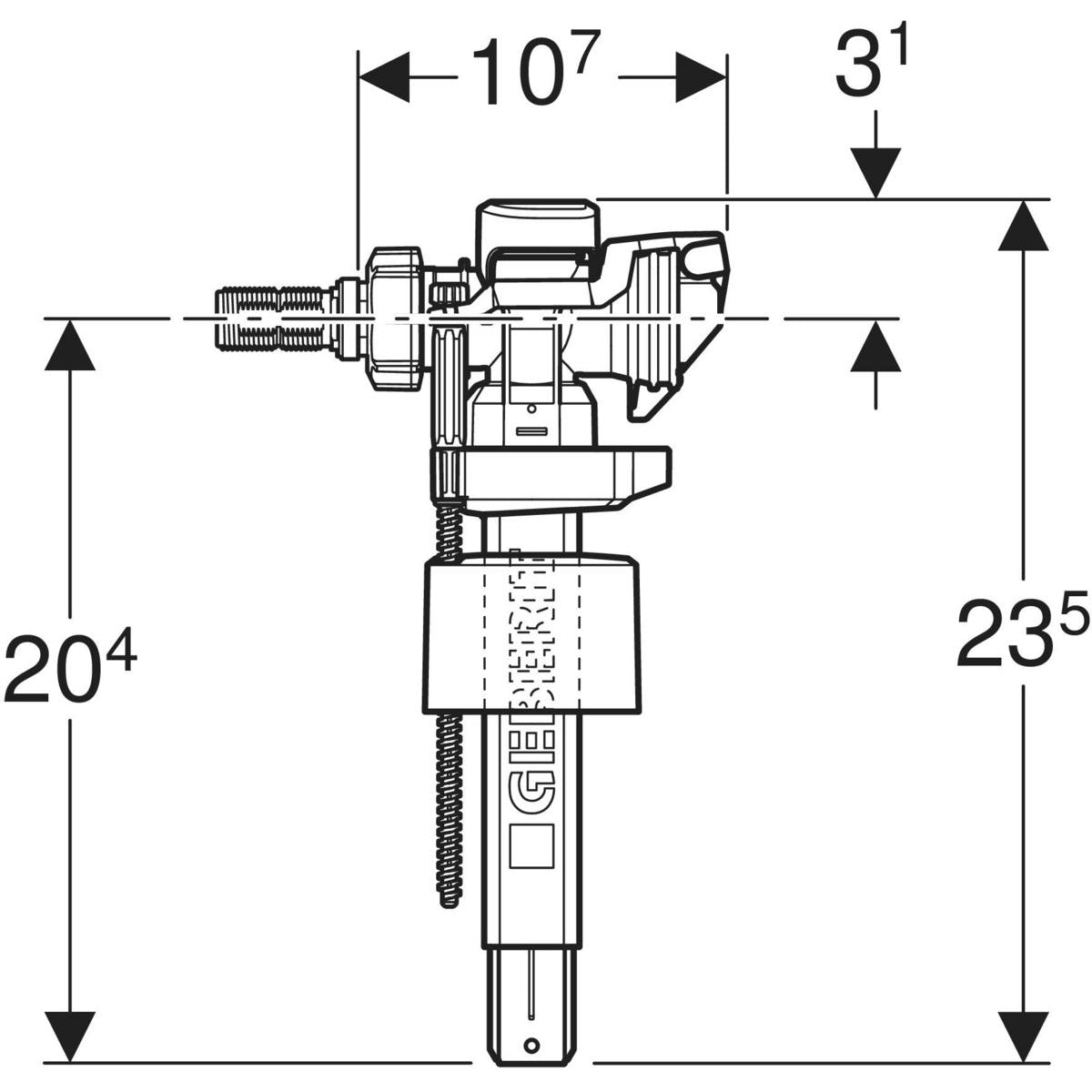 Geberit Type 383 fill valve, lateral water supply connection, 3/8" and 1/2", nipple made of brass — Type 383 fill valve, lateral water supply connection, 3/8″ and 1/2″, nipple made of brass — Technical drawing