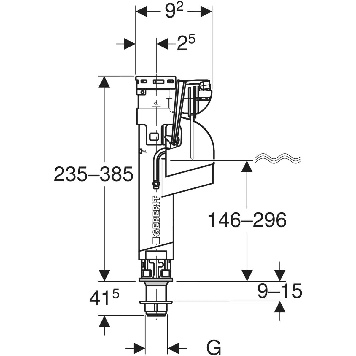 Geberit Type 360 fill valve, bottom water supply connection, 1/2", nipple made of plastic — Type 360 fill valve, bottom water supply connection, 1/2″, nipple made of plastic — Technical drawing
