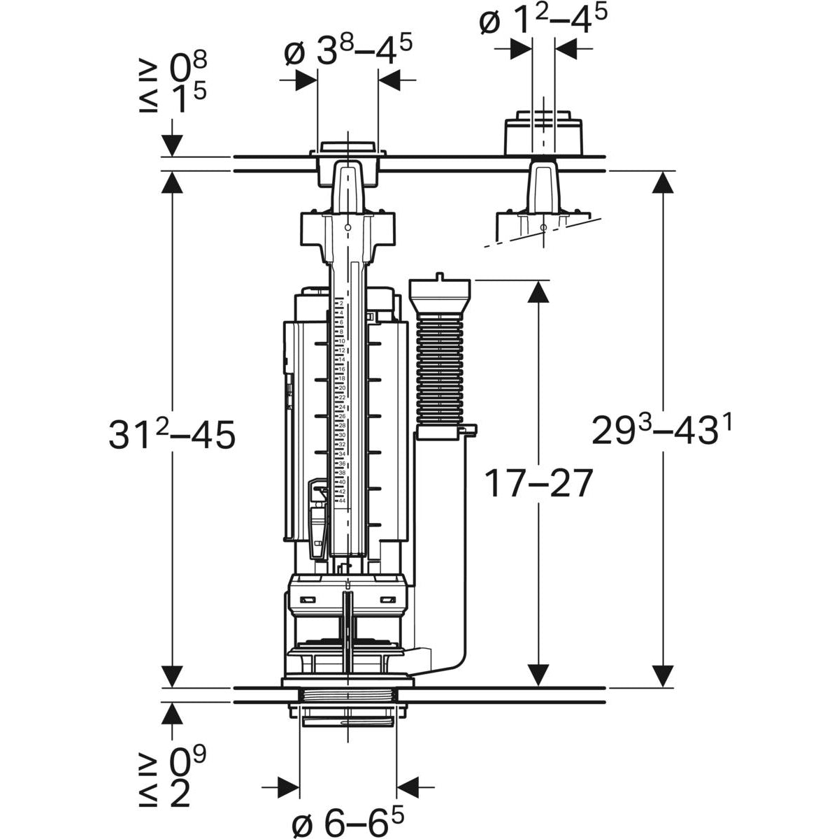 Geberit Type 290 flush valve d40, dual flush — chrome / glossy — Technical drawing