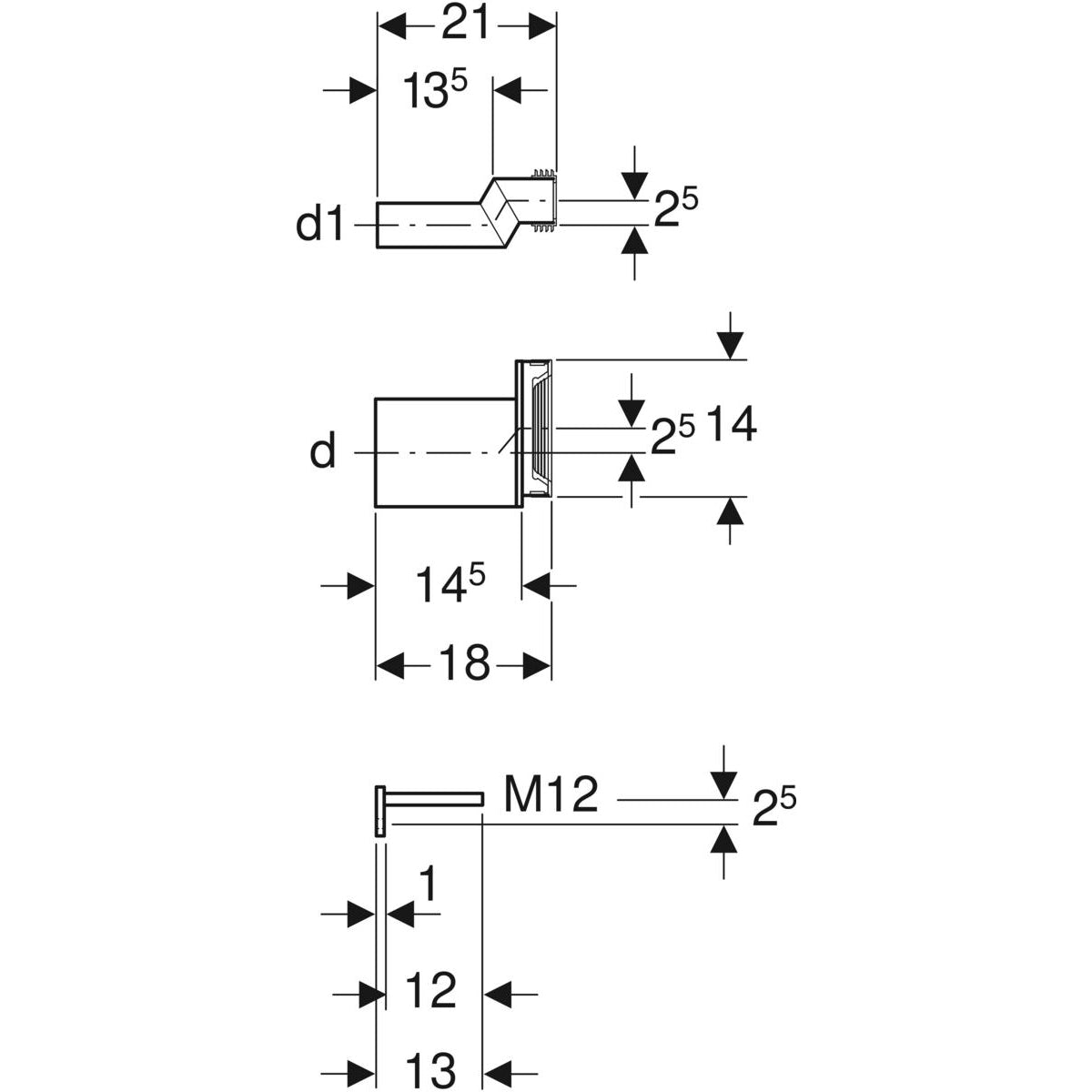 Geberit connection set for wall-hung WC, with fastening material, stepped — d=90mm, d1=45mm — Technical drawing