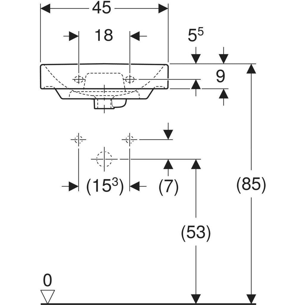 Geberit Smyle handrinse basin, square design, asymmetrical overflow — 45x15.5x36cm, white, Tap hole=centred, Overflow=visible, asymmetrical — Technical drawing