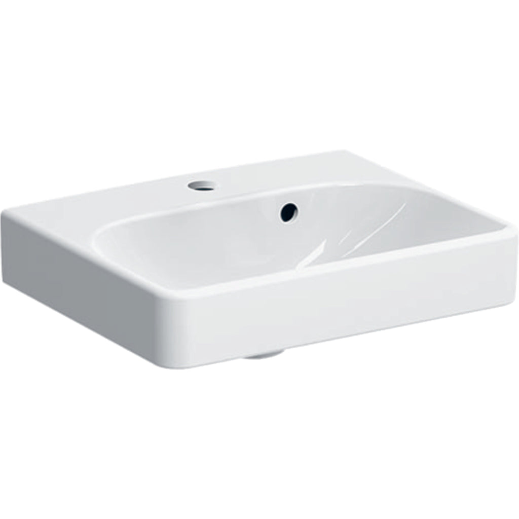 Geberit Smyle handrinse basin, square design, asymmetrical overflow — 45x15.5x36cm, white, Tap hole=centred, Overflow=visible, asymmetrical — Product photo