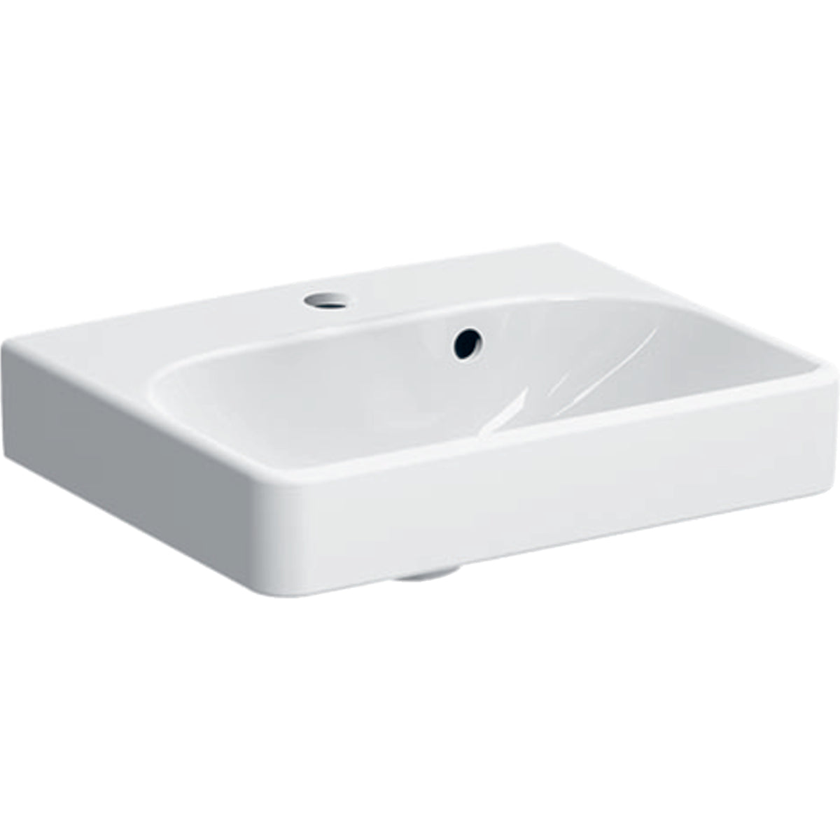 Geberit Smyle handrinse basin, square design, asymmetrical overflow — 45x15.5x36cm, white, Tap hole=centred, Overflow=visible, asymmetrical — Product photo