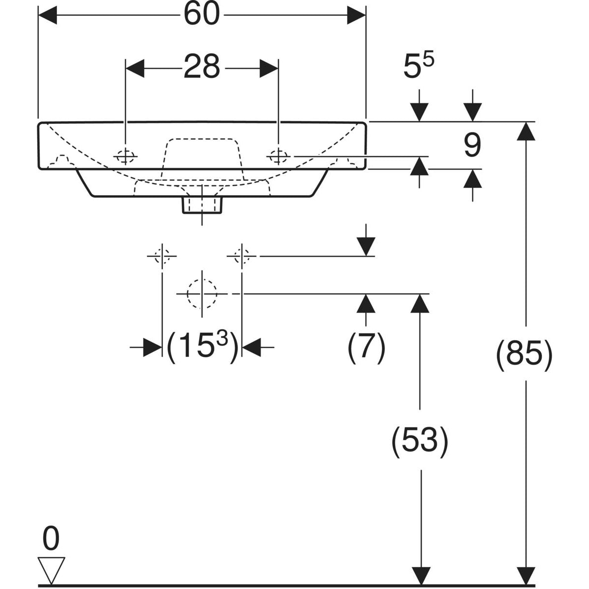 Geberit Smyle washbasin, square design — 60x48cm, Tap hole=centred, Overflow=visible, symmetrical, white — Technical drawing