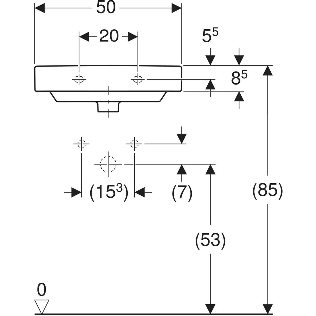 Geberit Smyle handrinse basin, square design — 50x16x41cm, white, Tap hole=centred, Overflow=visible, symmetrical — Technical drawing