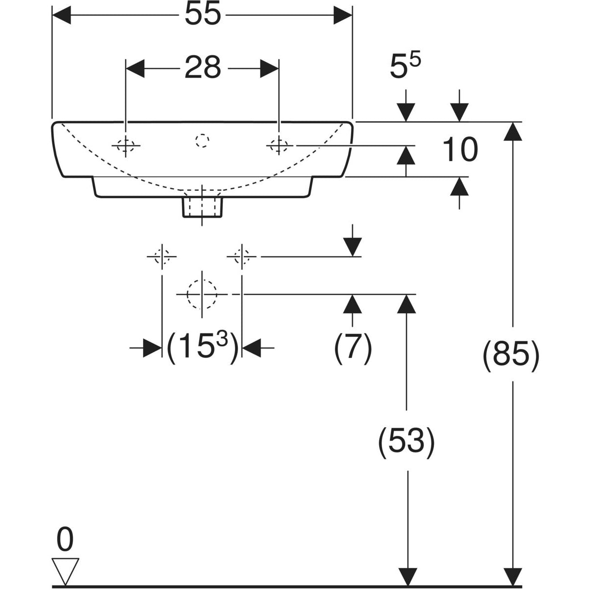 Geberit Selnova Square washbasin — 55x44cm, Tap hole=centred, Overflow=visible, symmetrical, white — Technical drawing