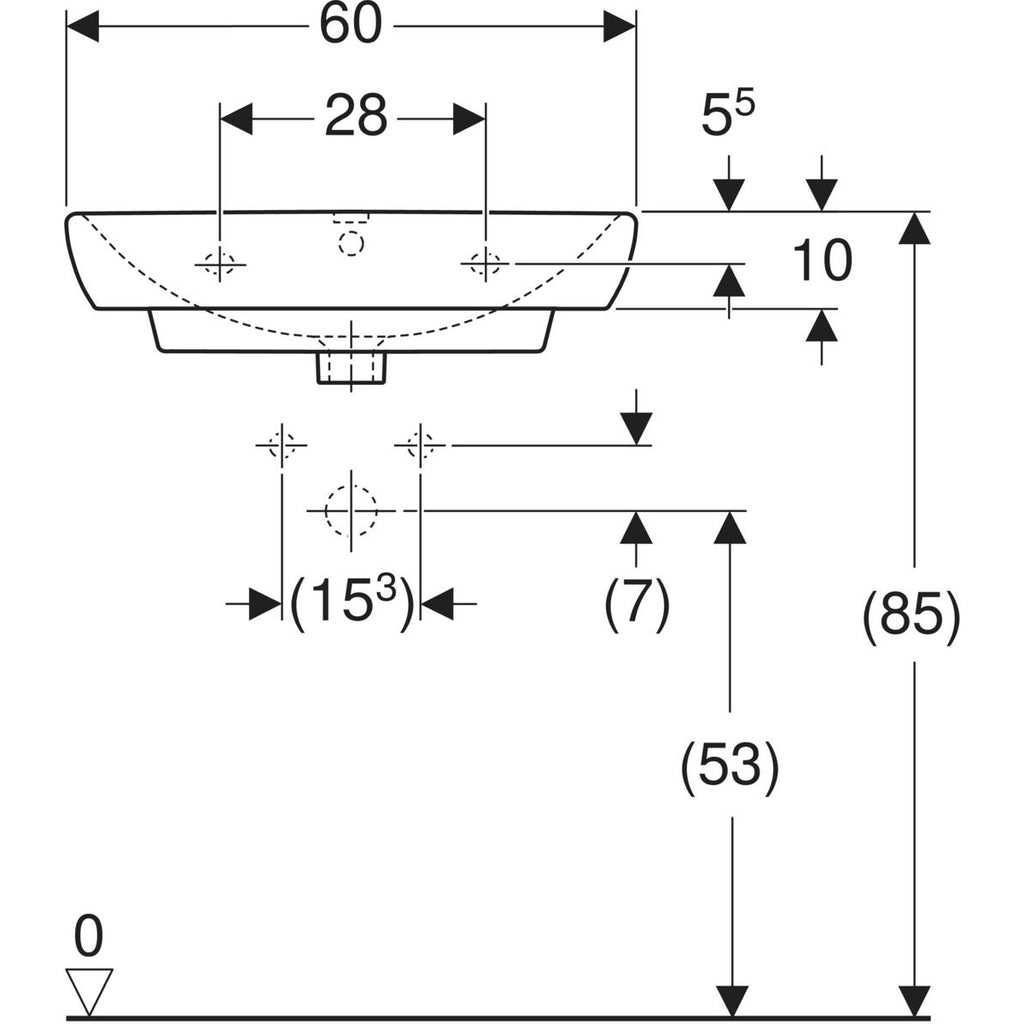 Geberit Selnova Square washbasin — 60x46cm, Tap hole=centred, Overflow=visible, symmetrical, white — Technical drawing
