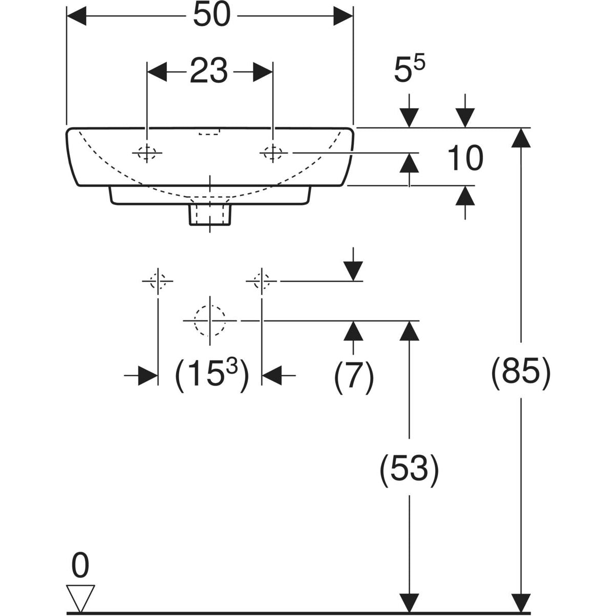 Geberit Selnova Square handrinse basin — 50x17x42cm, white, Tap hole=centred, Overflow=visible, symmetrical — Technical drawing