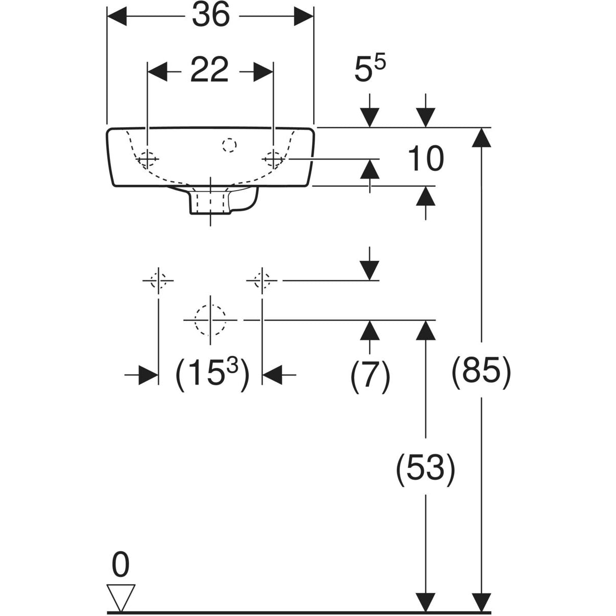 Geberit Selnova Square handrinse basin with asymmetrical overflow — 36x15x28cm, white, Tap hole=centred, Overflow=visible, asymmetrical — Technical drawing