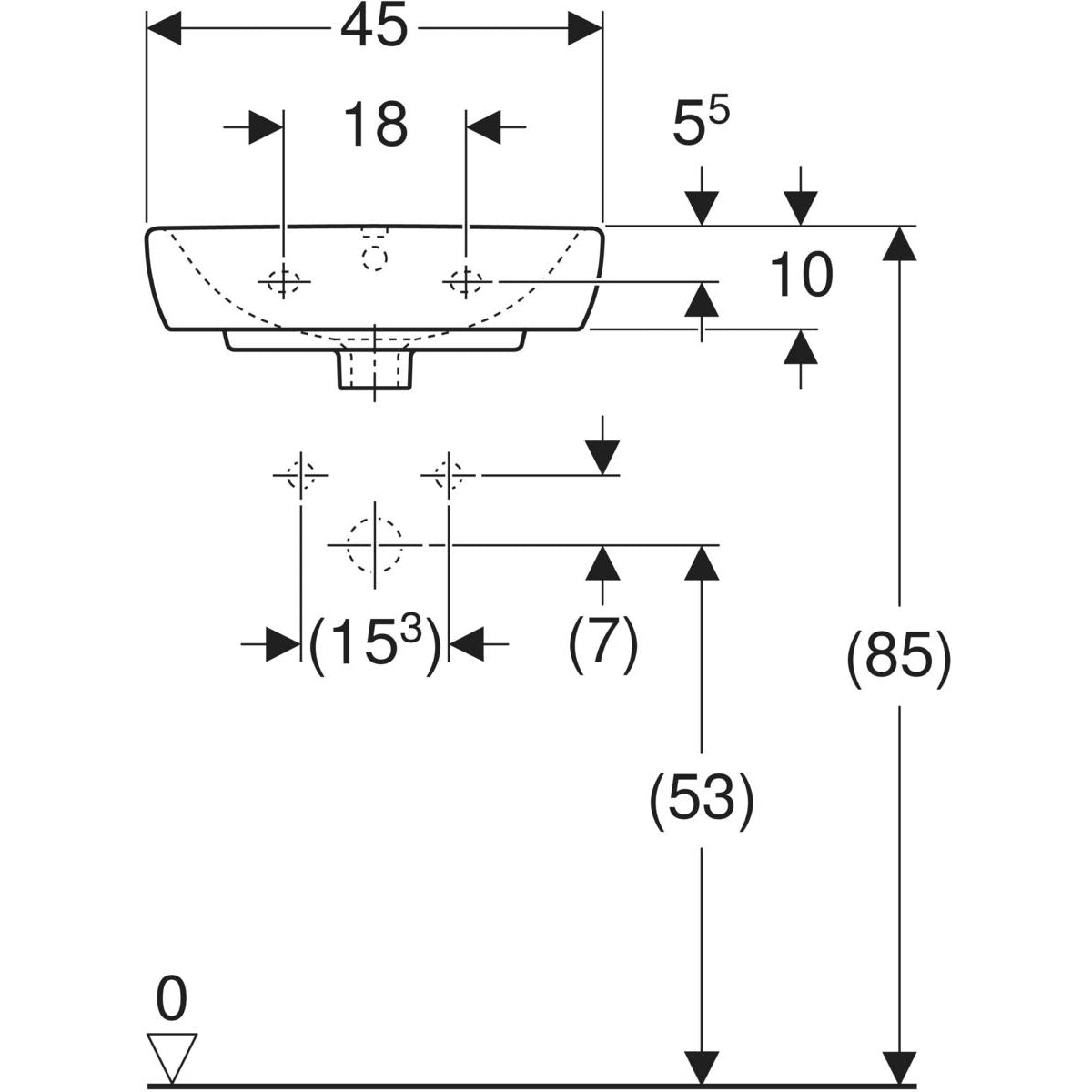 Geberit Selnova Square handrinse basin — 45x16x35cm, white, Tap hole=centred, Overflow=visible, symmetrical — Technical drawing