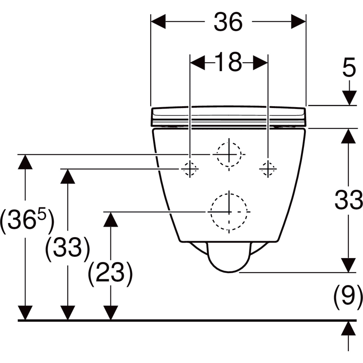 Geberit Smyle set of wall-hung WC, square, washdown, shrouded, Rimfree — white — Technical drawing