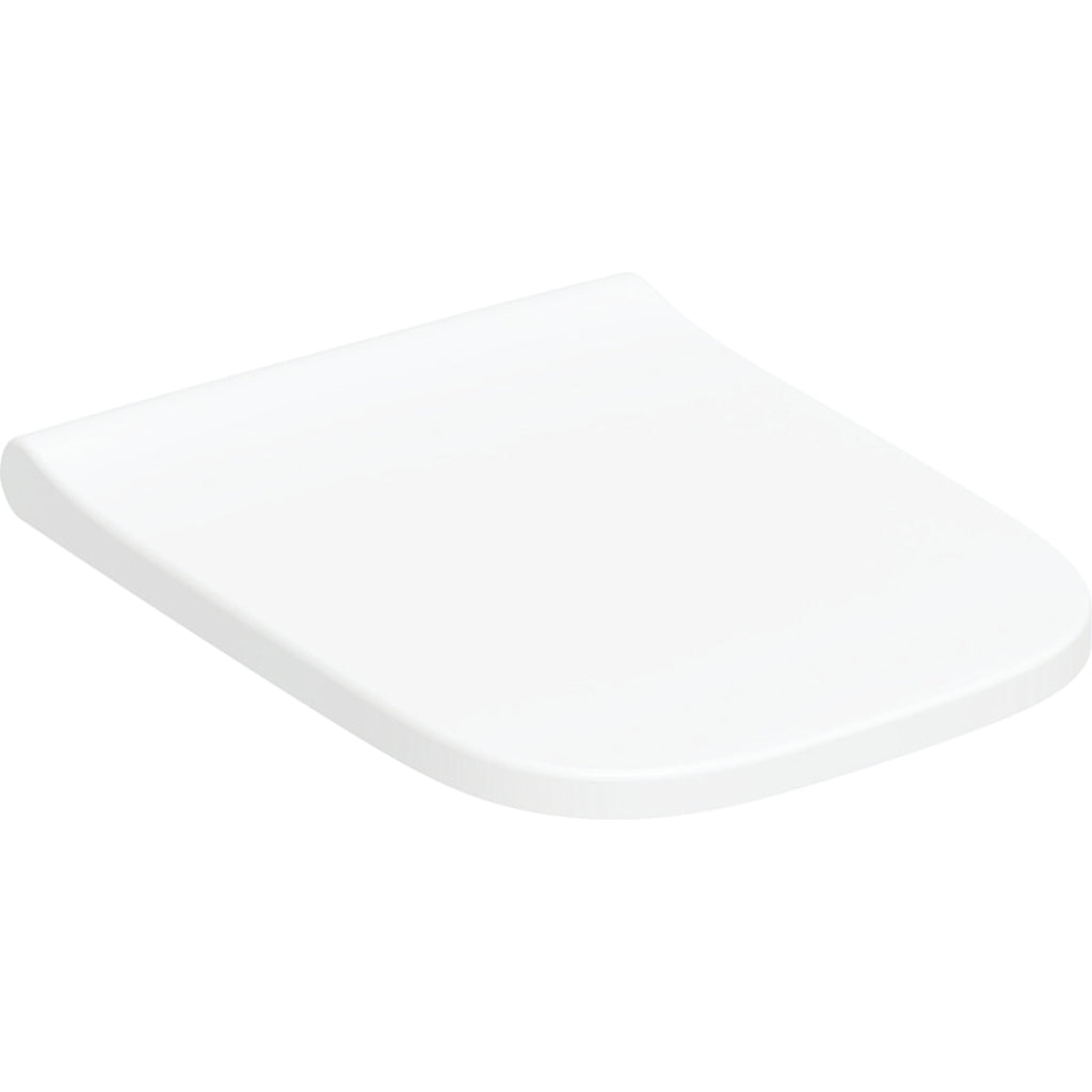 Geberit Smyle WC seat, square, slim design — Soft-closing mechanism=yes, QuickRelease function=Yes, with lockable QuickRelease hinges, Fastening=from above, white / glossy — Product photo