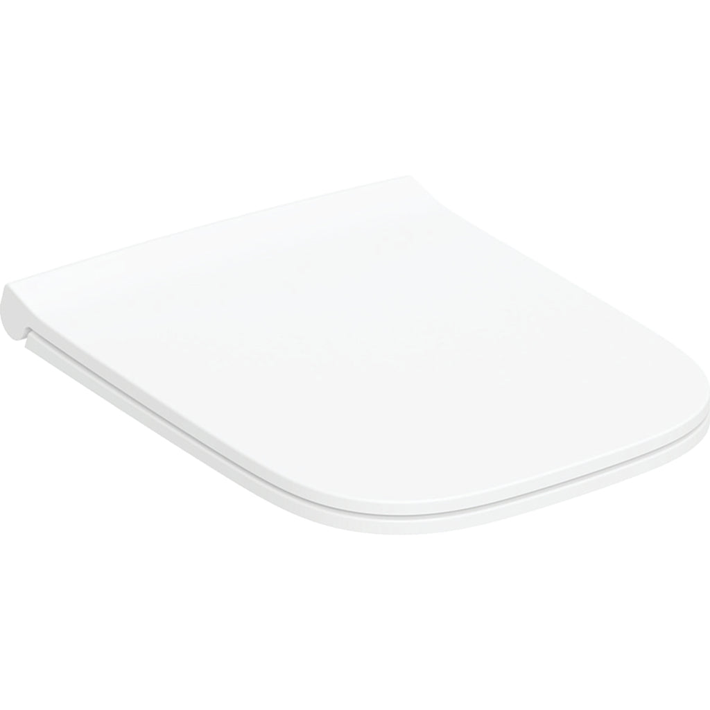 Geberit Smyle WC seat, square, slim design, sandwich shape — Soft-closing mechanism=yes, QuickRelease function=Yes, with lockable QuickRelease hinges, Fastening=from above, white / glossy — Product photo