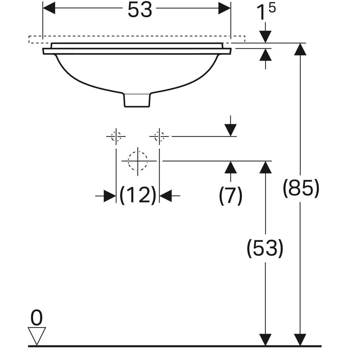 Geberit VariForm under-countertop washbasin, rectangular — B1=45cm, Tap hole=without, Overflow=visible, symmetrical, white — Technical drawing