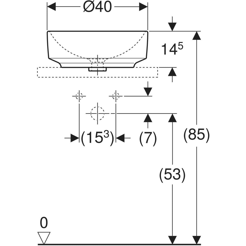 Geberit VariForm lay-on washbasin, round — 40x40cm, D=40cm, Tap hole=without, Overflow=without, white — Technical drawing