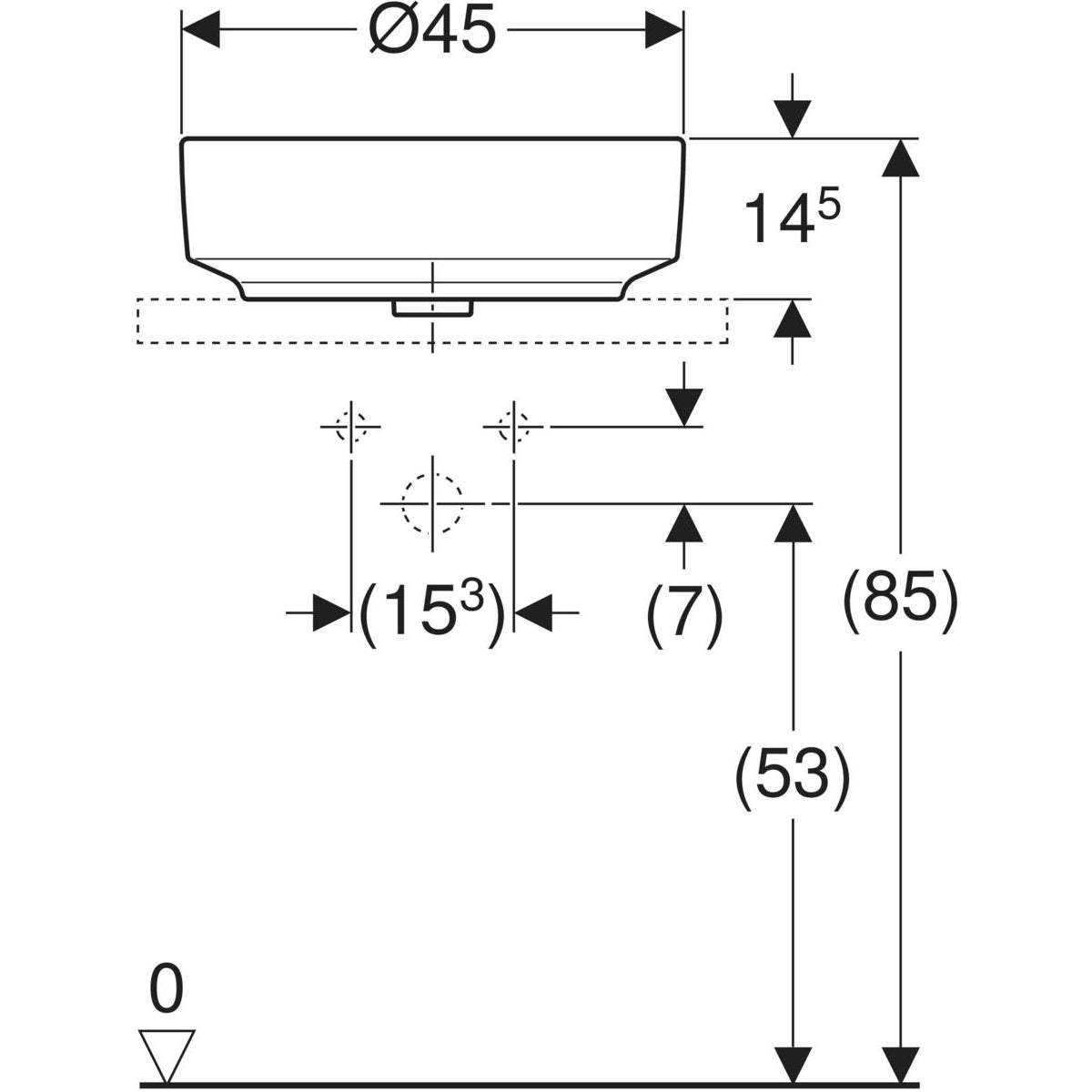 Geberit VariForm lay-on washbasin, round, with tap hole bench — 45x45cm, D=45cm, Tap hole=centred, Overflow=visible, symmetrical, white — Technical drawing
