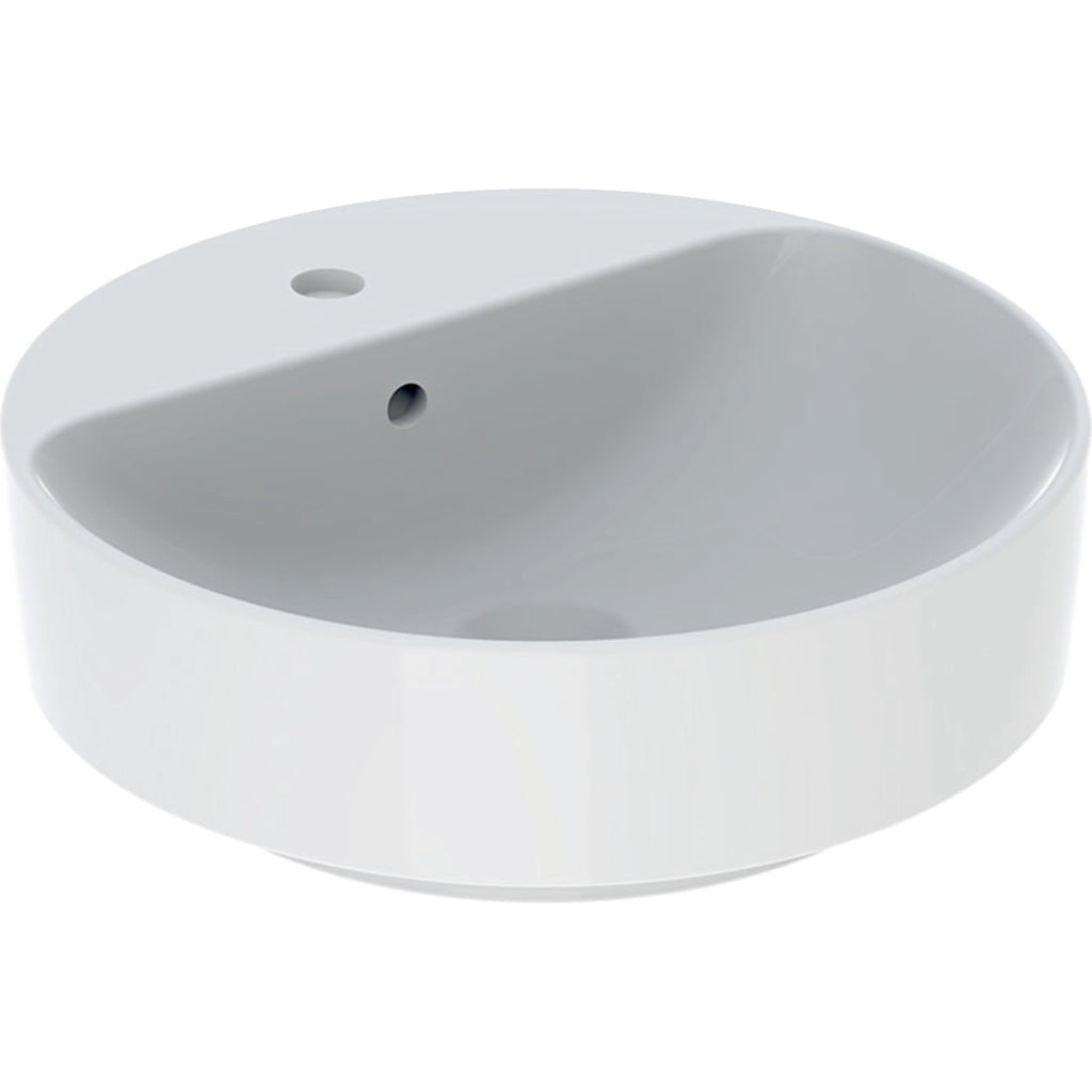 Geberit VariForm lay-on washbasin, round, with tap hole bench — 45x45cm, D=45cm, Tap hole=centred, Overflow=visible, symmetrical, white — Product photo