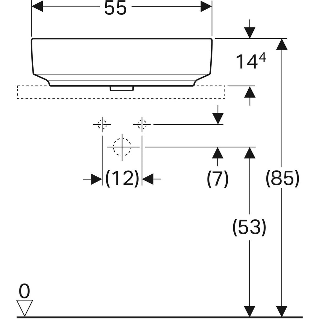 Geberit VariForm lay-on washbasin, oval — 55x40cm, Tap hole=without, Overflow=without, white — Technical drawing