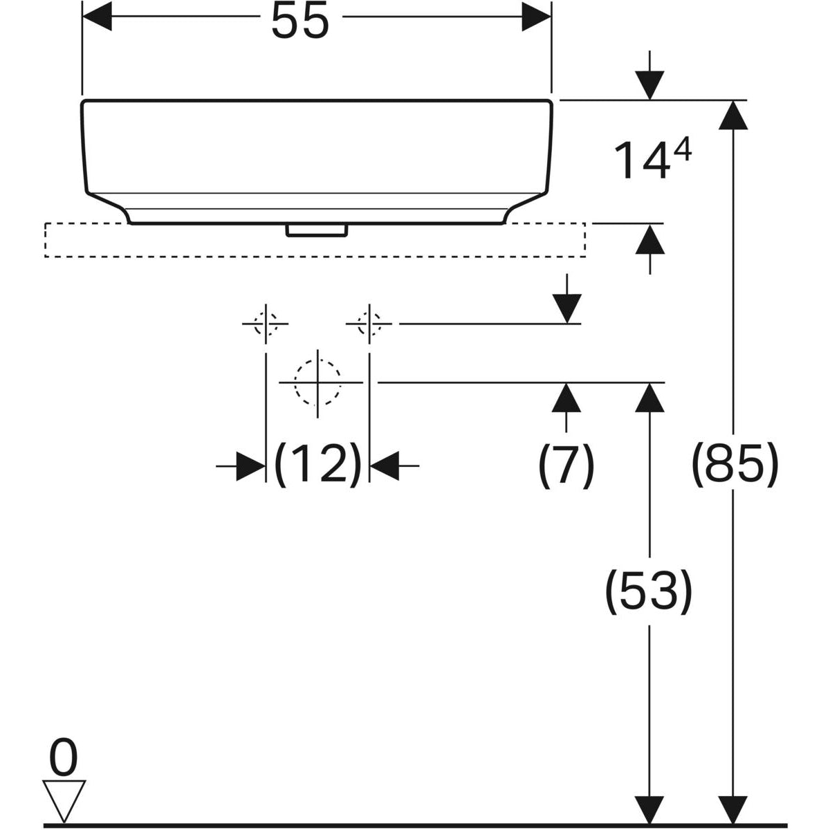 Geberit VariForm lay-on washbasin, oval — 55x40cm, Tap hole=without, Overflow=without, white — Technical drawing