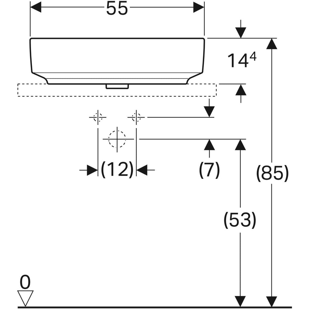Geberit VariForm lay-on washbasin, elliptic — 55x40cm, Tap hole=without, Overflow=without, white — Technical drawing