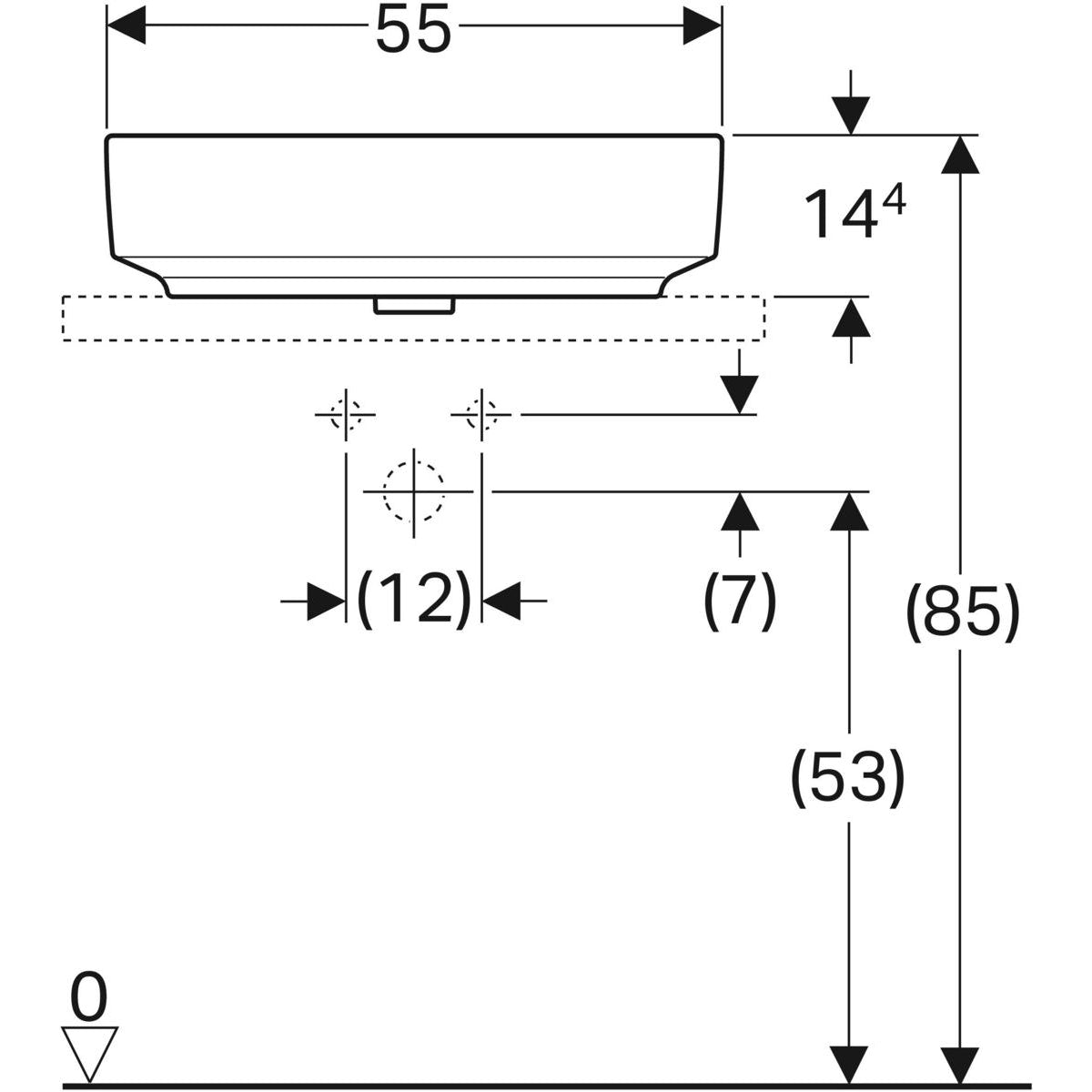 Geberit VariForm lay-on washbasin, elliptic — 55x40cm, Tap hole=without, Overflow=without, white — Technical drawing