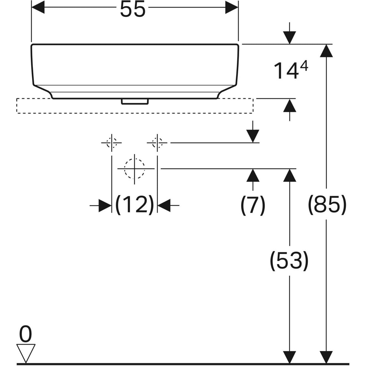 Geberit VariForm lay-on washbasin, rectangular — 55x40cm, Tap hole=without, Overflow=without, white — Technical drawing