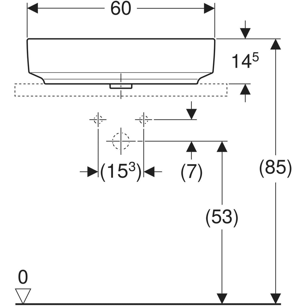 Geberit VariForm lay-on washbasin, rectangular, with tap hole bench — 60x45cm, Tap hole=centred, Overflow=visible, symmetrical, white — Technical drawing