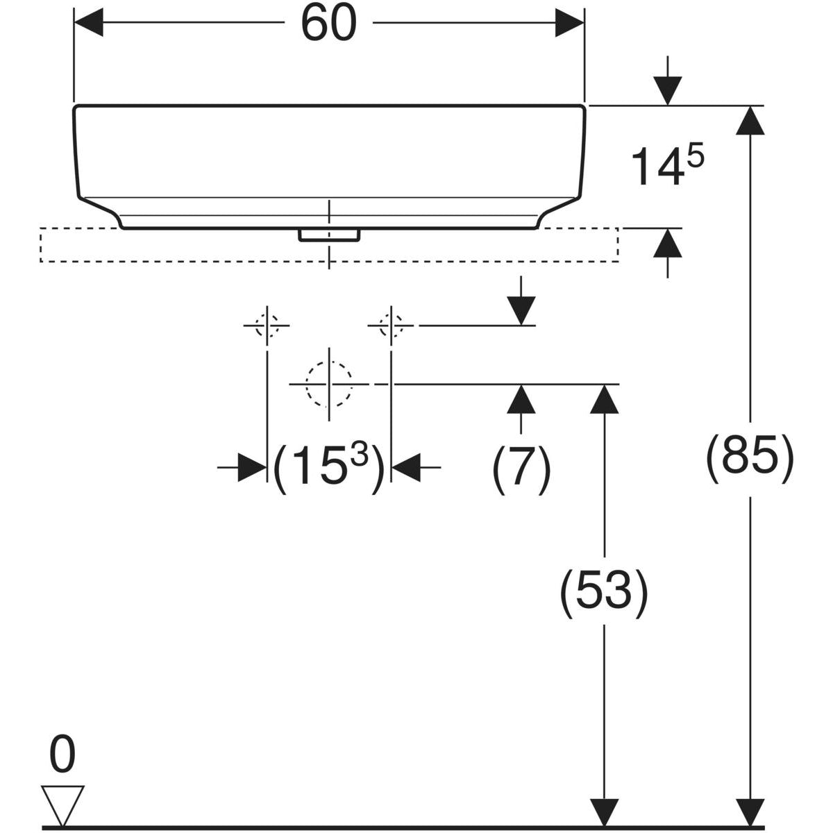 Geberit VariForm lay-on washbasin, rectangular, with tap hole bench — 60x45cm, Tap hole=centred, Overflow=visible, symmetrical, white — Technical drawing