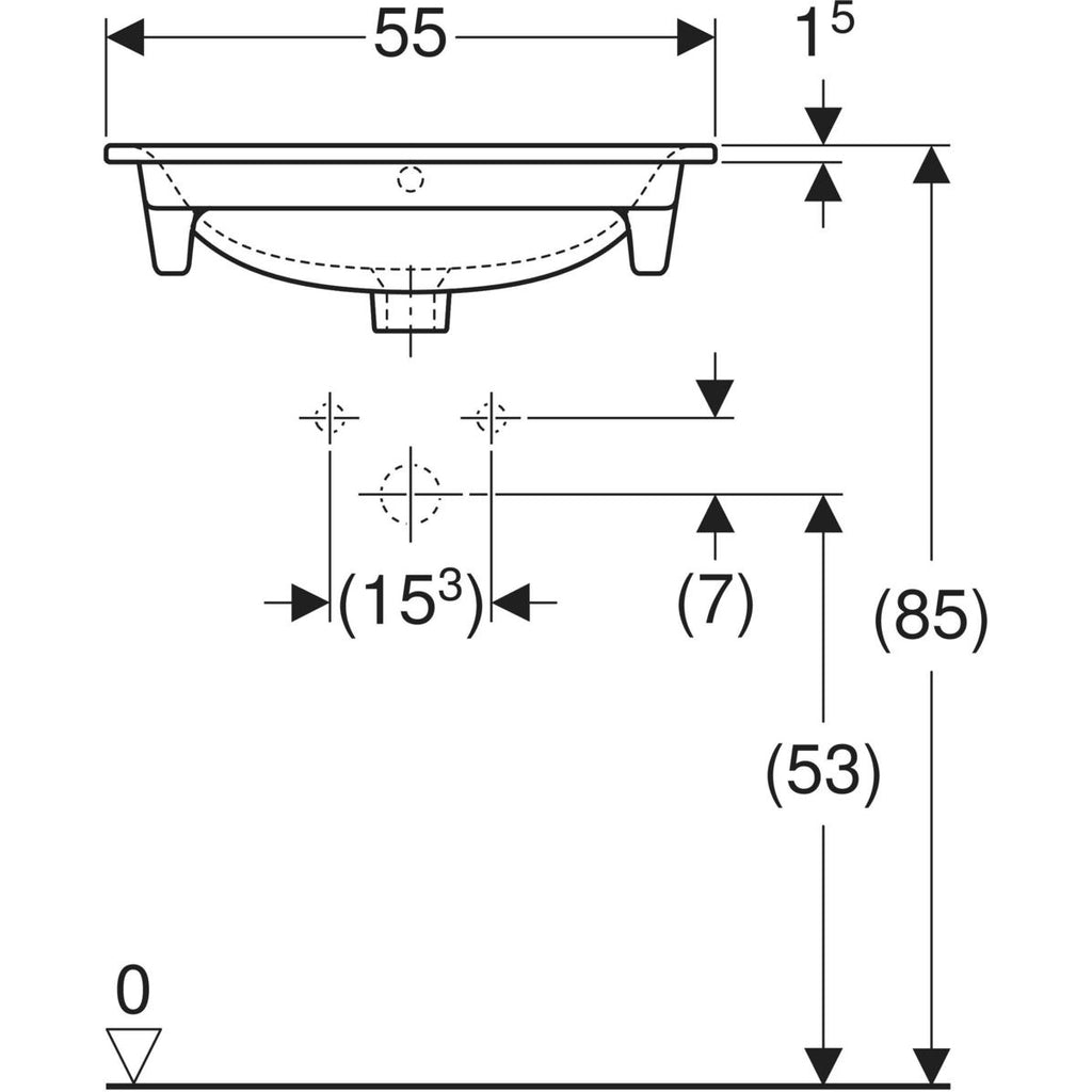 Geberit Selnova Square vanity basin — 55x48cm, Cabinet width=53.8cm, Tap hole=centred, Overflow=visible, symmetrical, white — Technical drawing