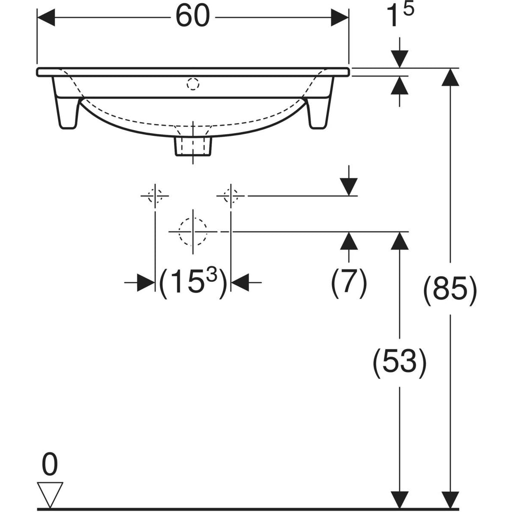Geberit Selnova Square vanity basin — 60x48cm, Cabinet width=58.8cm, Tap hole=centred, Overflow=visible, symmetrical, white — Technical drawing