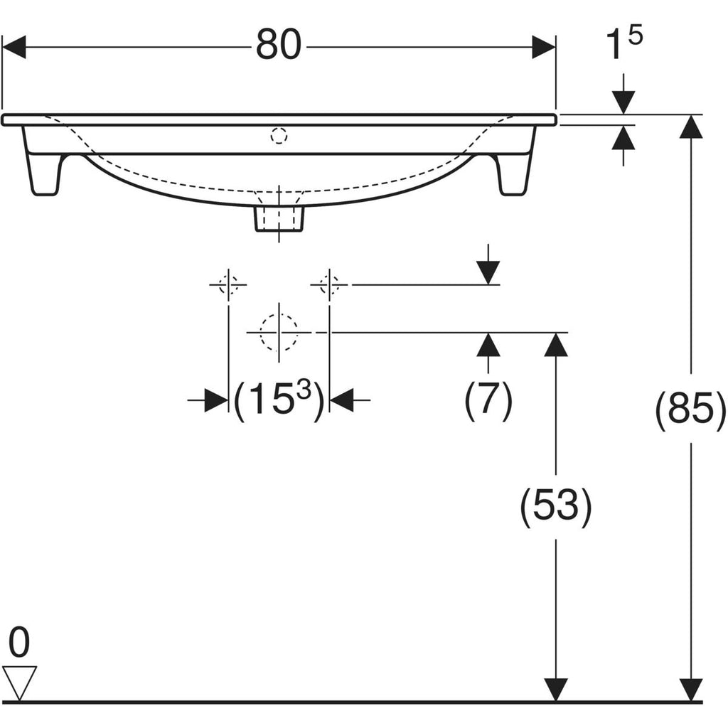 Geberit Selnova Square vanity basin — 80x48cm, Cabinet width=78.8cm, Tap hole=centred, Overflow=visible, symmetrical, white — Technical drawing