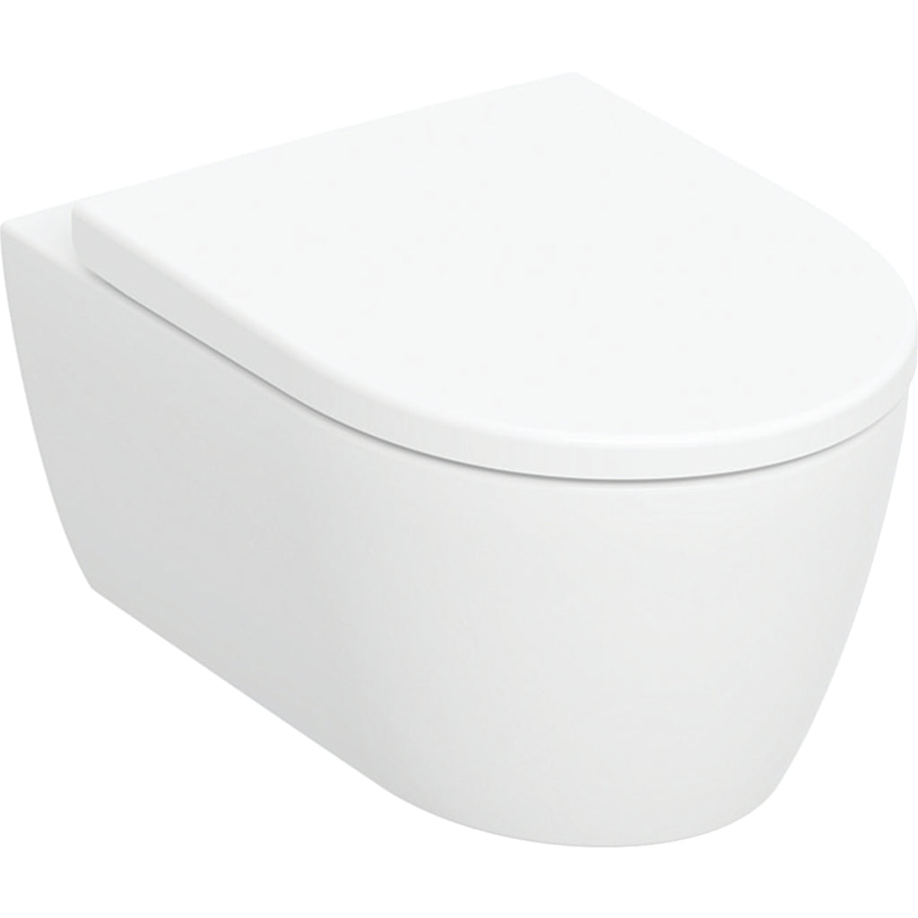 Geberit iCon wall-hung WC set, washdown, shrouded, Rimfree — T=53cm, Soft-closing mechanism=yes, QuickRelease function=Yes, with lockable QuickRelease hinges, Fastening=from above, white — Product photo