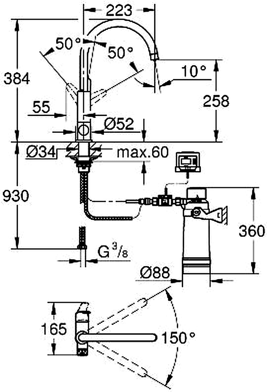 GROHE 30386000 high-resolution technical drawing