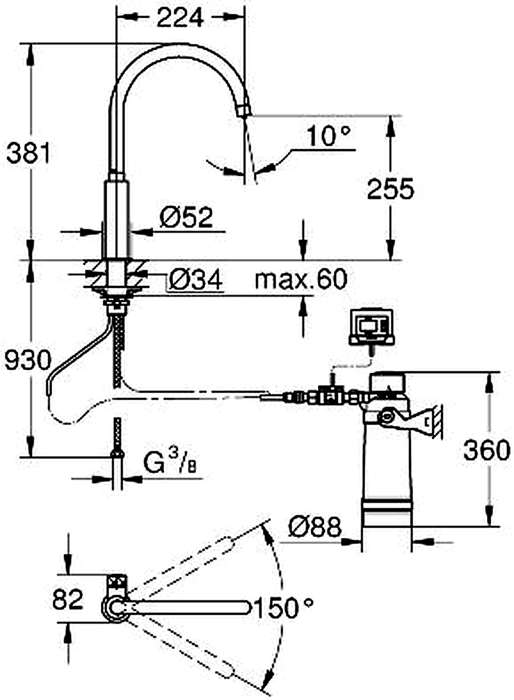GROHE 30388000 high-resolution technical drawing