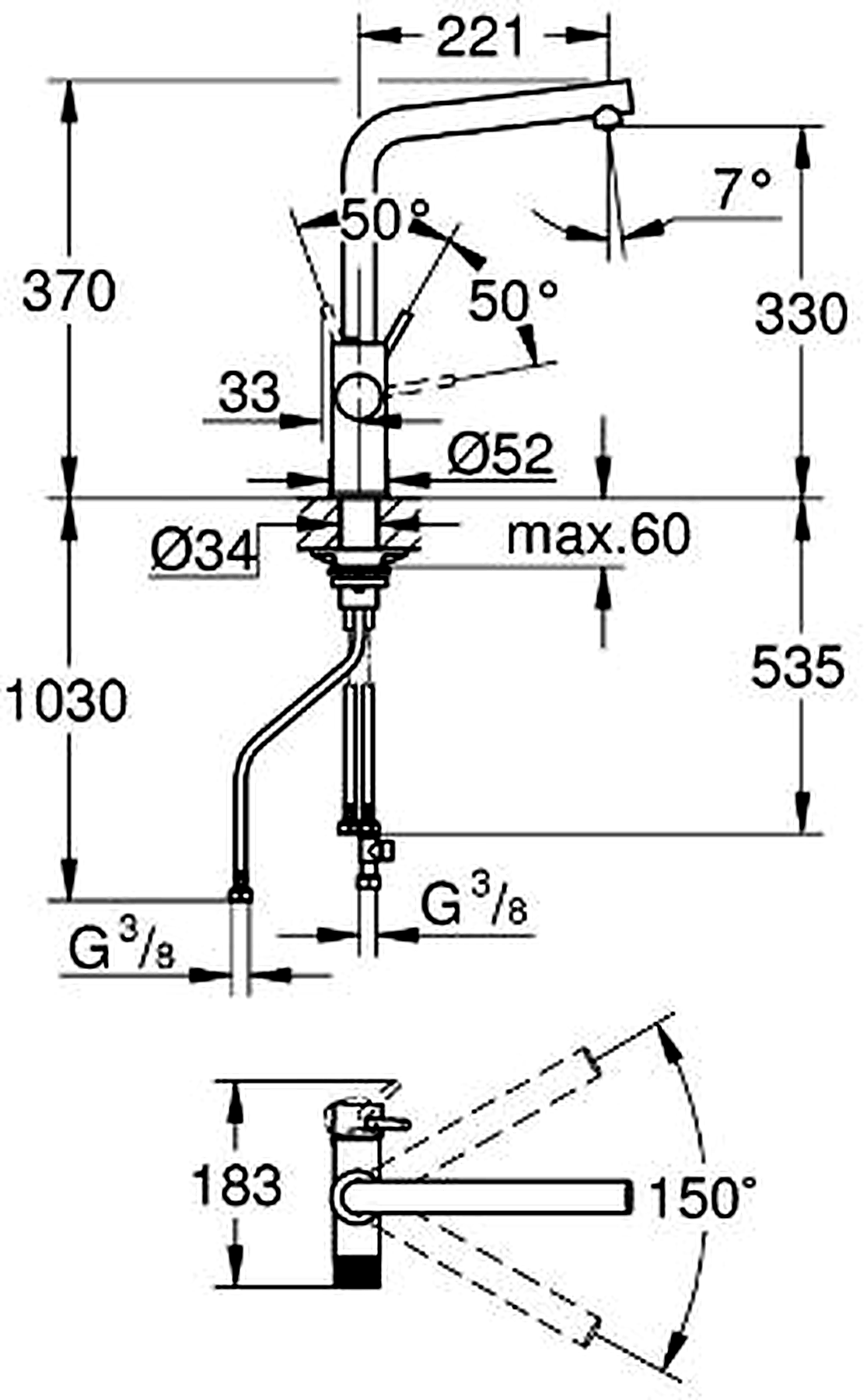 GROHE 30588000 high-resolution technical drawing