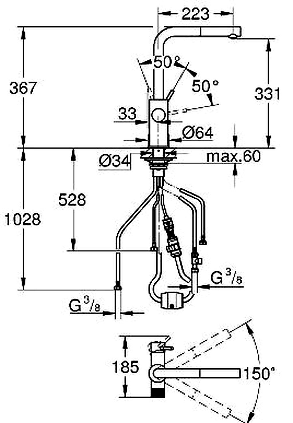 GROHE 30590DC0 high-resolution technical drawing