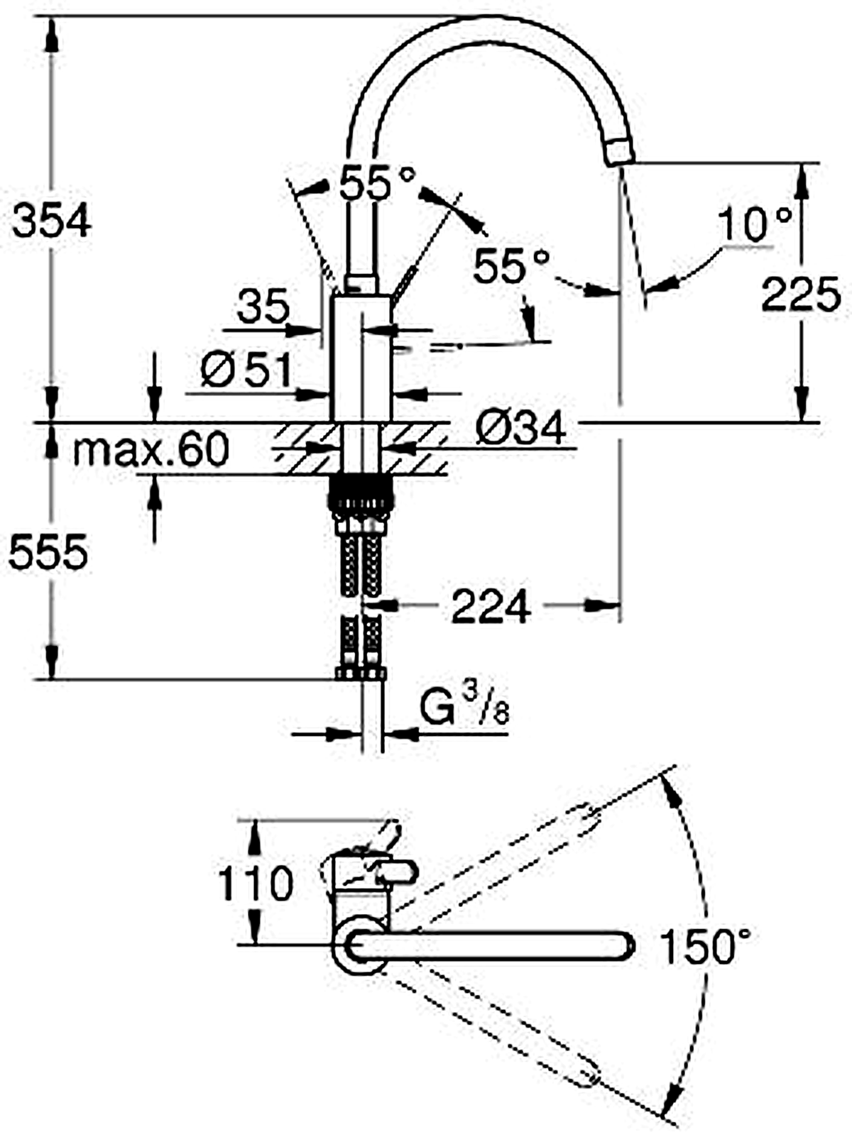GROHE 32843002 high-resolution technical drawing
