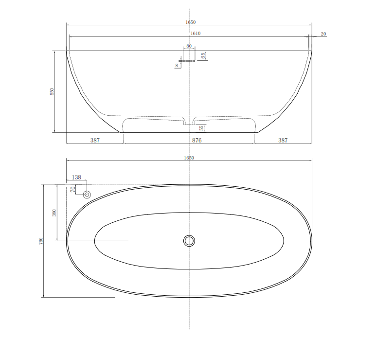 FREE STANDING SOLID SURFACE BATHTUB WHITE MATTE 165x76x55CM