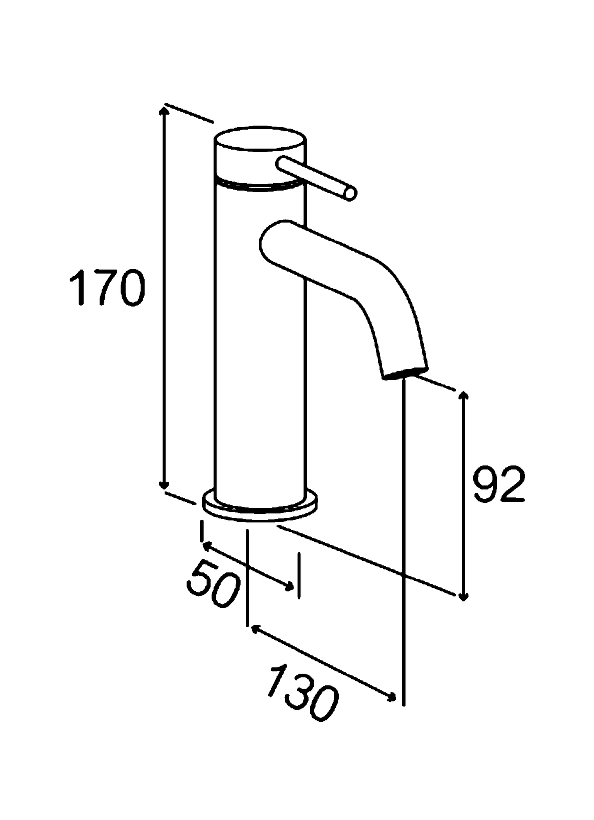 M Project Tube Wash-Basin Mixer — technical dimensions from Papapetrou catalogue