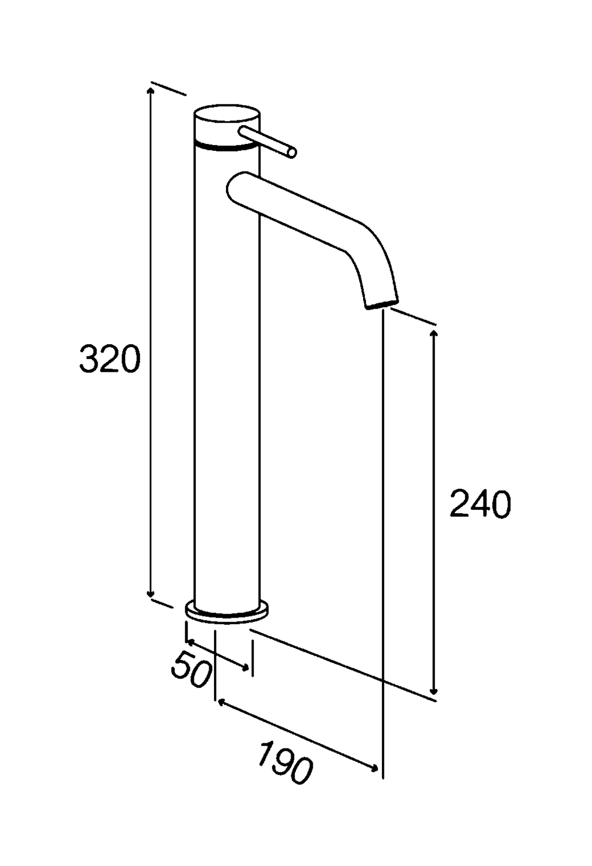 M Project Tube High Wash-Basin Mixer — technical dimensions from Papapetrou catalogue