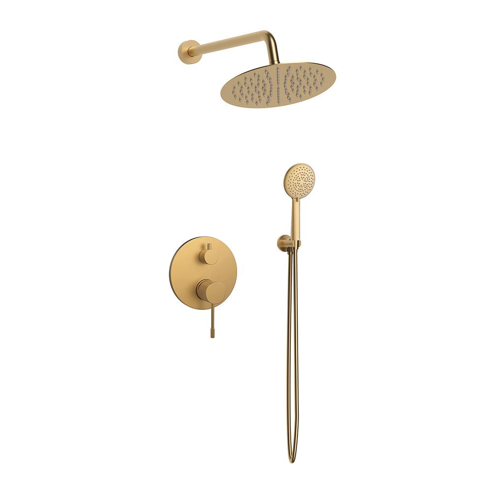 Orabella Terra Brushed gold - Concealed Shower set with a concealed 2 way bath shower mixer, a shower head Ø250 with an extention arm and a raindance 3 jet hand shower with a flex hose and a shower holder