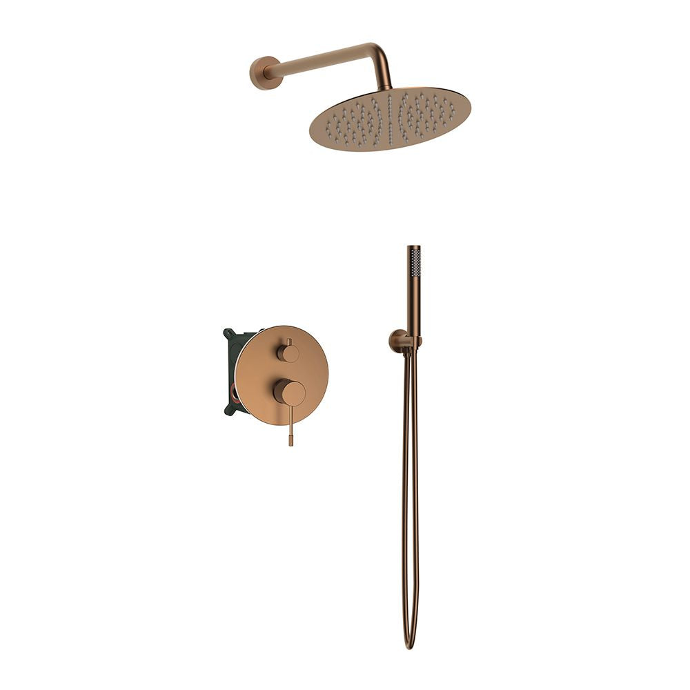Orabella Terra Rose gold - Concealed Shower set with a concealed 2 way bath shower mixer, a shower head Ø250 with an extention arm and a raindance 3 jet hand shower with a flex hose and a shower holder