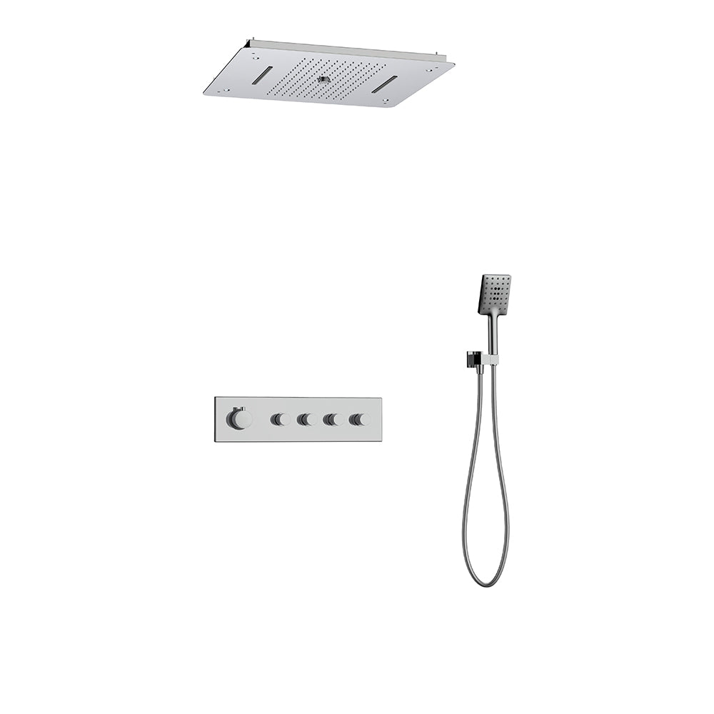 Orabella Primavera - Concealed, thermostatic 4 outlet rain shower set with a concealed 50X58 cm double waterfall, shower head and a hand shower with a flex hose and a shower holder