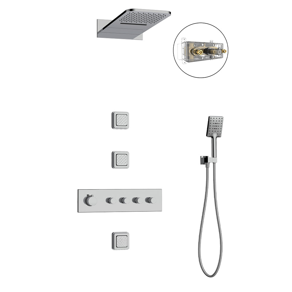 Orabella Piovere - Concealed, thermostatic 4 outlet rain shower set with a concealed 53.2X24.2 cm shower head with 3 square jets, a hand shower with a flex hose and a shower holder